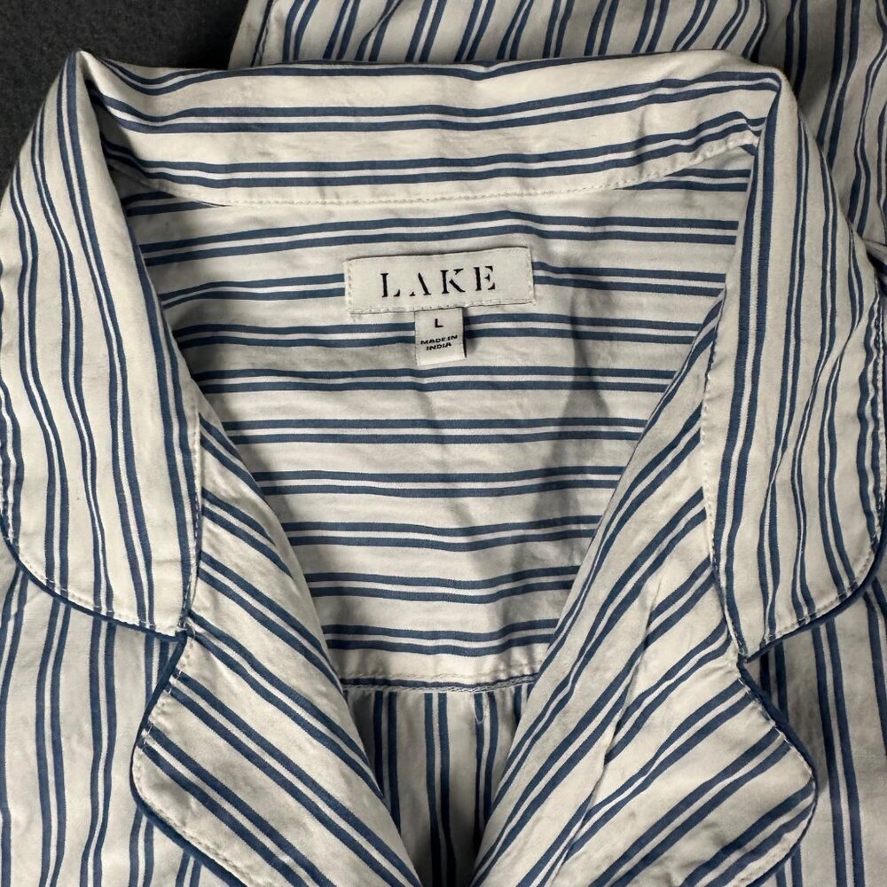 Lake L Poplin Chloe Pajama Set Seaport Shoreline Stripe Blue White 2 Pc Cotton - Picture 5 of 15